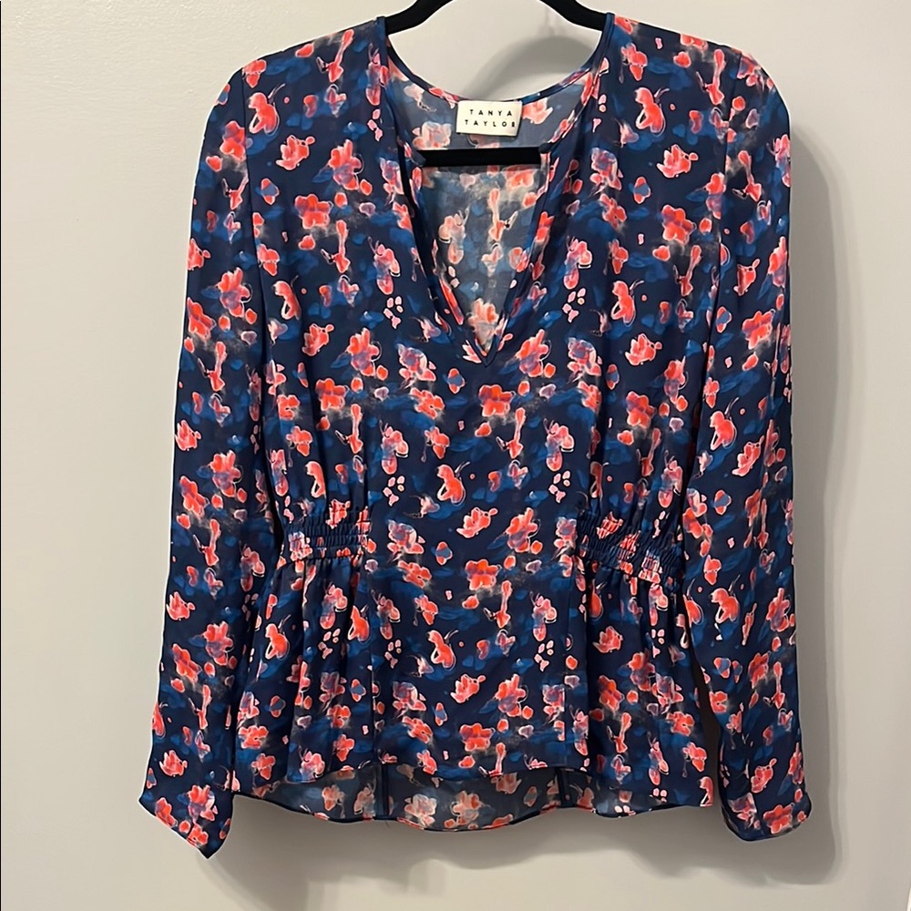 Tanya Taylor Blue Peplum Blouse with Long Sleeves
